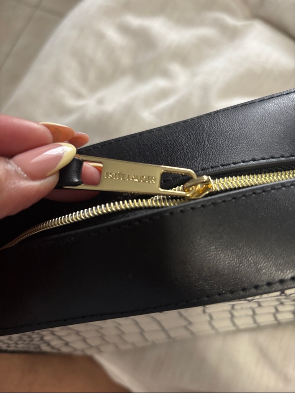 Estee Lauder Black and White Quilted Cosmetic Pouch with Gold Hardware